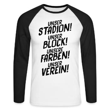UNSER STADION! UNSER BLOCK! UNSERE FARBEN! - Unisex Baseballshirt langarm - Weiß/Schwarz - Vorne - Nik (191cm)