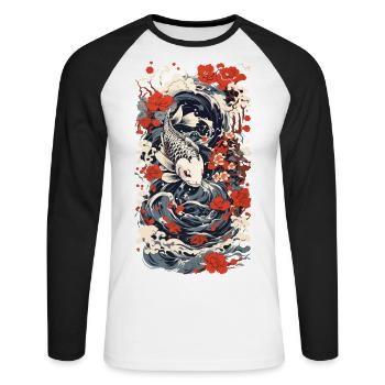 Japanischer Koi Kunststil Japan Wave Retro Stil - Unisex Baseballshirt langarm - Weiß/Schwarz - Vorne - Nik (191cm)