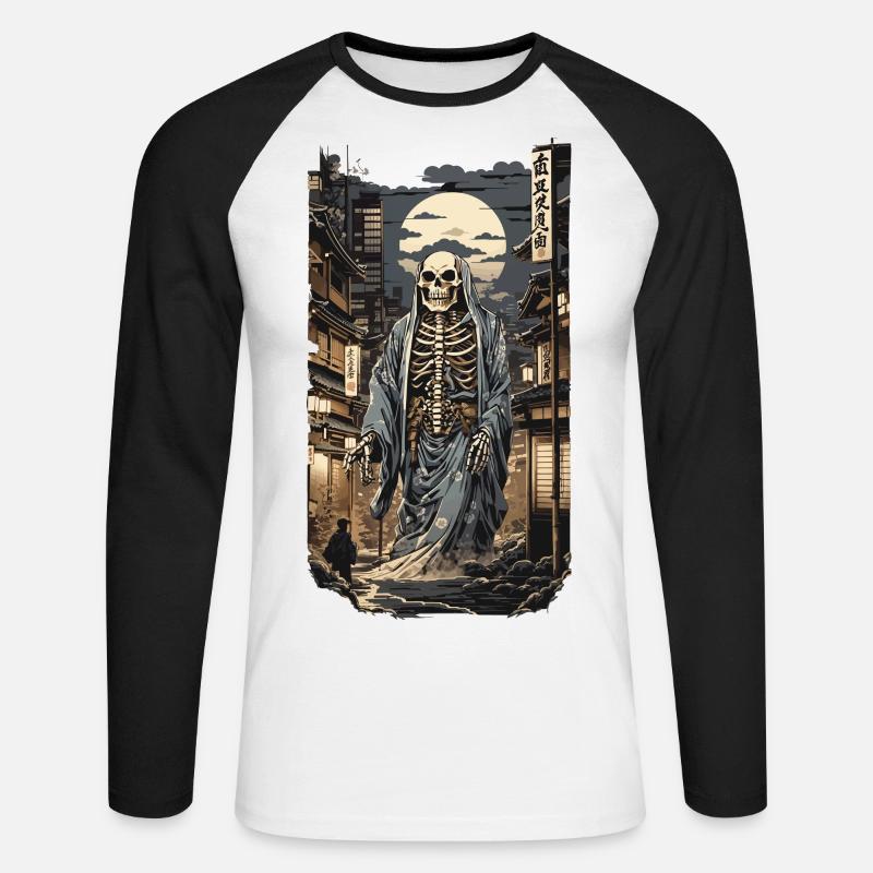 Ukiyo-E Yokai Scheletro Demone Edo Design Vintage - Maglia da baseball a manica lunga da uomo - bianco/nero
