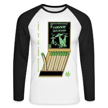 UFO Invasion Vintage Poster Design - Unisex Baseballshirt langarm - Weiß/Schwarz - Vorne - Nik (191cm)