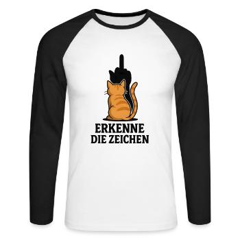 Erkenne die Zeichen Katze Mittelfinger - Unisex Baseballshirt langarm - Weiß/Schwarz - Vorne - Nik (191cm)