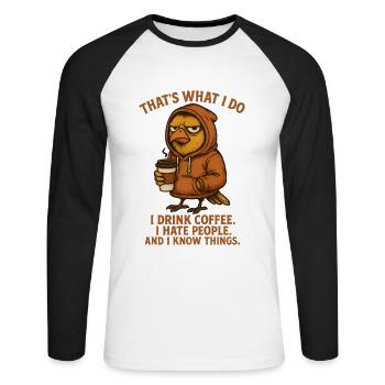 Ich hasse Menschen Kaffee früher Vogel - Unisex Baseballshirt langarm - Weiß/Schwarz - Vorne - Nik (191cm)