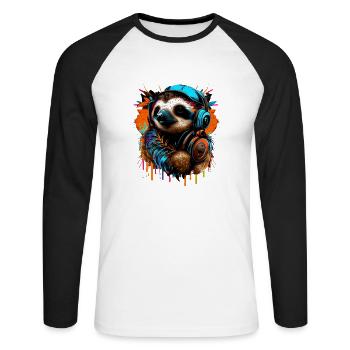 Faultier mit Kopfhörern - Unisex Baseballshirt langarm - Weiß/Schwarz - Vorne - Nik (191cm)