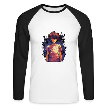Anime Boy - Unisex Baseballshirt langarm - Weiß/Schwarz - Vorne - Nik (191cm)