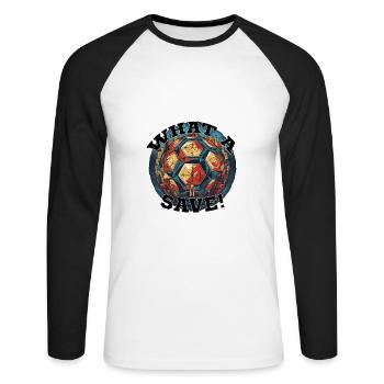 Fußball ball - What a Save! - Unisex Baseballshirt langarm - Weiß/Schwarz - Vorne - Nik (191cm)