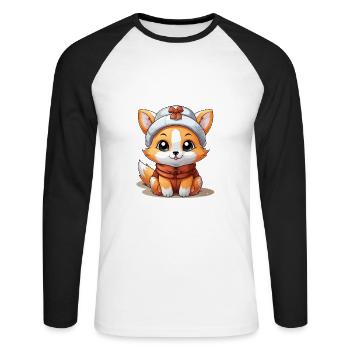Fuchs Weihnachts Design - Kawaii Style - Unisex Baseballshirt langarm - Weiß/Schwarz - Vorne - Nik (191cm)