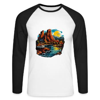 Landschaft - Illustration - Unisex Baseballshirt langarm - Weiß/Schwarz - Vorne - Nik (191cm)