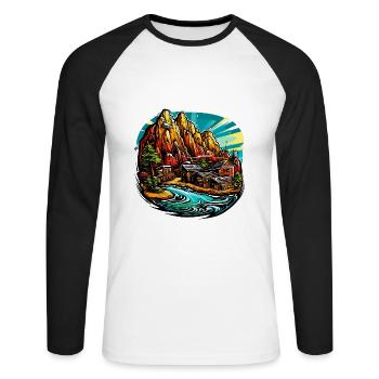 Landschaft - Illustration - Unisex Baseballshirt langarm - Weiß/Schwarz - Vorne - Nik (191cm)