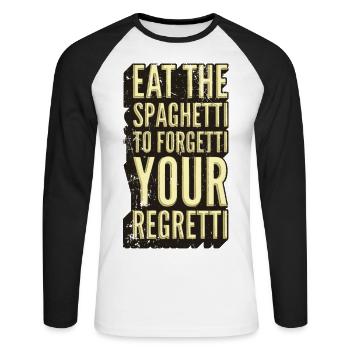 Spaghetti Regret Sarcasme Graphique - T-shirt baseball manches longues Homme - blanc/noir - Devant - Nik (191cm)