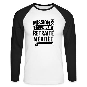 Humour retraite - Mission accomplie, retraite... - T-shirt baseball manches longues Homme - blanc/noir - Devant - Nik (191cm)