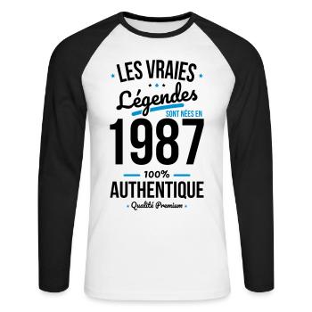 Anniversaire 35 ans - Légendes sont nées en 1987 - T-shirt baseball manches longues Homme - blanc/noir - Devant - Nik (191cm)