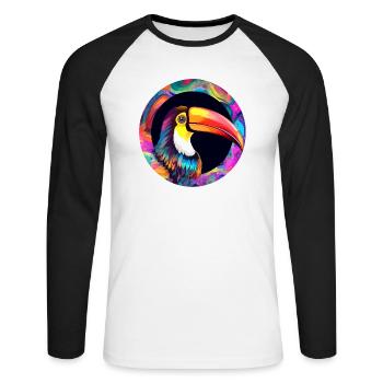 Toucan sur fond coloré - T-shirt baseball manches longues Homme - blanc/noir - Devant - Nik (191cm)