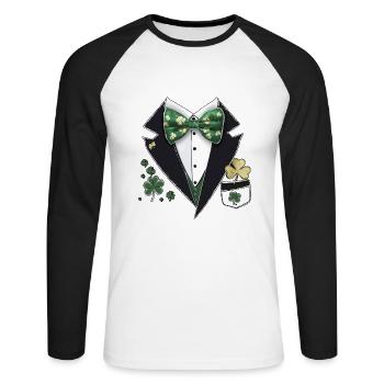 St. Patrick's Day Tuxedo Leprechaun Costume - Unisex Long Sleeve Baseball T-Shirt - white/black - Front - Nik (191cm)