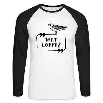 Wat löppt Möwe Plattdeutsch Küste Schriftzug - Unisex Baseballshirt langarm - Weiß/Schwarz - Vorne - Nik (191cm)