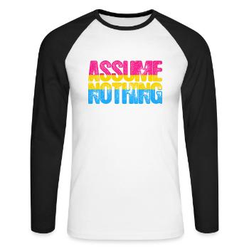 Pansexual Pride Assume Nothing - Unisex Long Sleeve Baseball T-Shirt - white/black - Front - Nik (191cm)