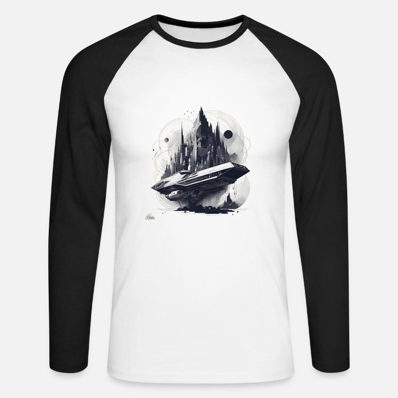 Sci-Fi-Stadt & Schiff - Unisex Baseballshirt langarm - Weiß/Schwarz