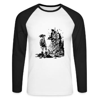 Monde de science-fiction sombre avec une seule héroïne - T-shirt baseball manches longues Homme - blanc/noir - Devant - Nik (191cm)