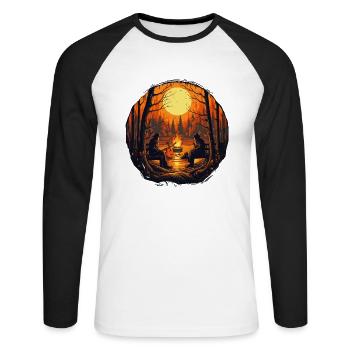 Campfire Lagerfeuer am See mit Holzhütte im Wald - Unisex Baseballshirt langarm - Weiß/Schwarz - Vorne - Nik (191cm)