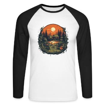 Campfire Lagerfeuer am See mit Holzhütte im Wald - Unisex Baseballshirt langarm - Weiß/Schwarz - Vorne - Nik (191cm)