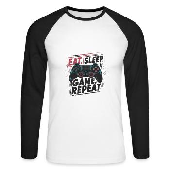 Eat, Sleep, Game, Repeat - Unisex Long Sleeve Baseball T-Shirt - white/black - Front - Nik (191cm)
