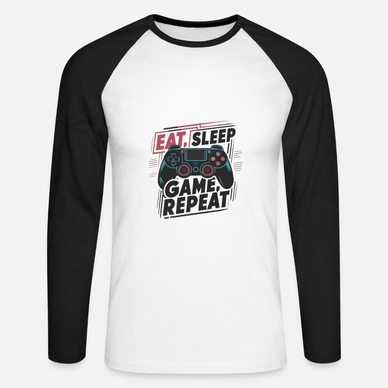 Eat, Sleep, Game, Repeat - Unisex Baseballshirt langarm - Weiß/Schwarz
