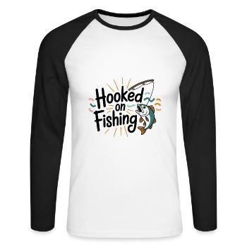 Hooked on Fishing – Funny Fishing Motif - Unisex Long Sleeve Baseball T-Shirt - white/black - Front - Nik (191cm)