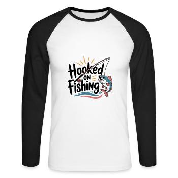 Hooked on Fishing – Funny Fishing Motif - Unisex Long Sleeve Baseball T-Shirt - white/black - Front - Nik (191cm)