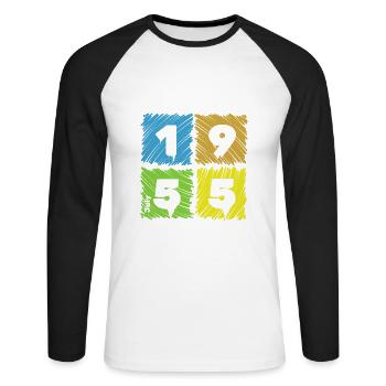 70ème Anniversaire Patchs Colorés depuis 07/1955 - T-shirt baseball manches longues Homme - blanc/noir - Devant - Nik (191cm)