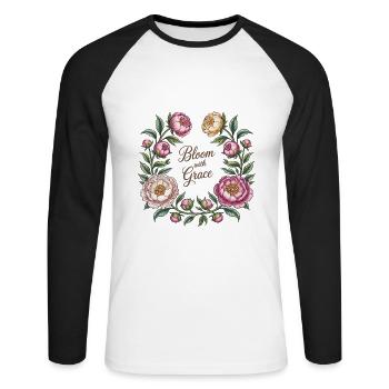 Bloom with Grace – Pfingstrosenkranz - Unisex Baseballshirt langarm - Weiß/Schwarz - Vorne - Nik (191cm)