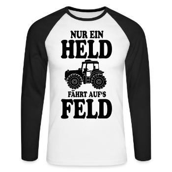 TRAKTOR SPRUCH NUR EIN HELD FÄHRT AUFS FELD - Unisex Baseballshirt langarm - Weiß/Schwarz - Vorne - Nik (191cm)