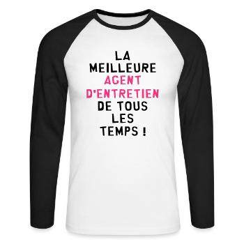 Agent d'Entretien / Ménage / Nettoyer / Propreté - T-shirt baseball manches longues Homme - blanc/noir - Devant - Nik (191cm)