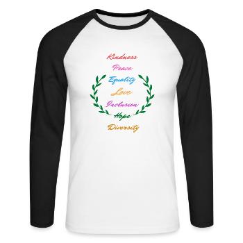 Kindness Peace Equality Love Inclusion Hope Divers - T-shirt baseball manches longues Homme - blanc/noir - Devant - Nik (191cm)