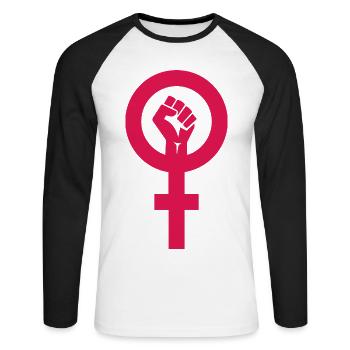 Féminisme Symbole Féministe - T-shirt baseball manches longues Homme - blanc/noir - Devant - Nik (191cm)