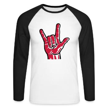 Devil Rock Hand - Pommesgabel (short) 2c - Unisex Baseballshirt langarm - Weiß/Schwarz - Vorne - Nik (191cm)