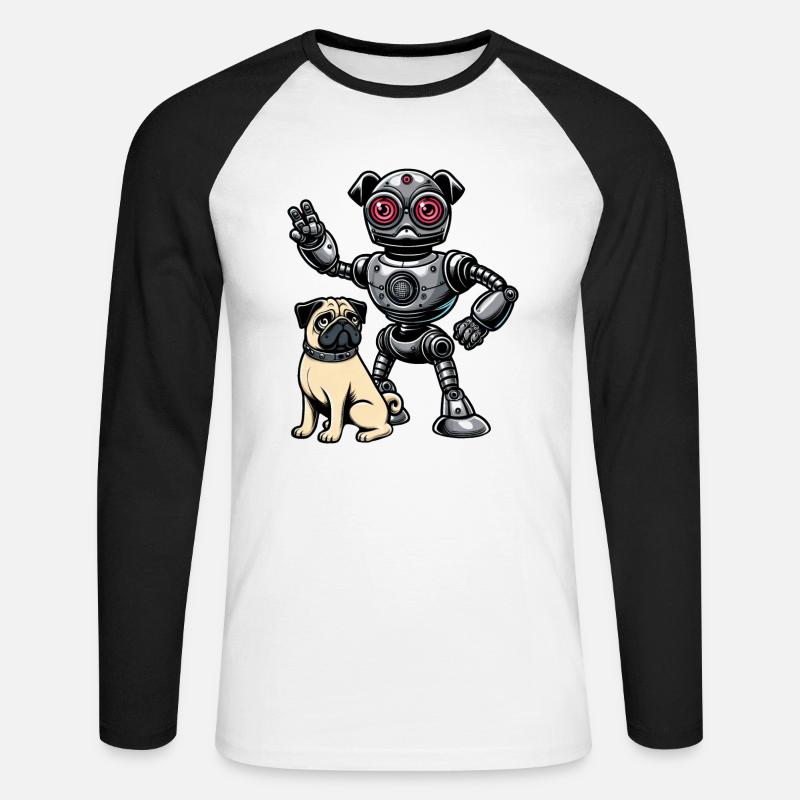 Mops Roboter und Herrchen Freunde - Unisex Baseballshirt langarm - Weiß/Schwarz
