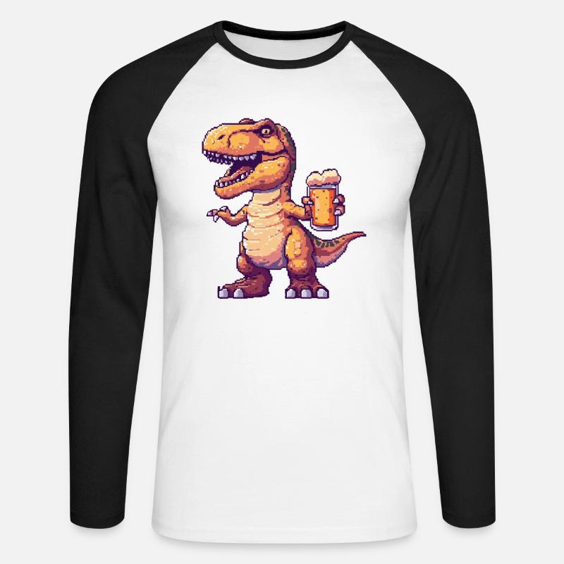 Dinosaurier T-Rex Bier Pixel - Unisex Baseballshirt langarm - Weiß/Schwarz