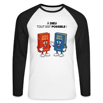 Bible T-Shirt - Unisex Long Sleeve Baseball T-Shirt - white/black - Front - Nik (191cm)