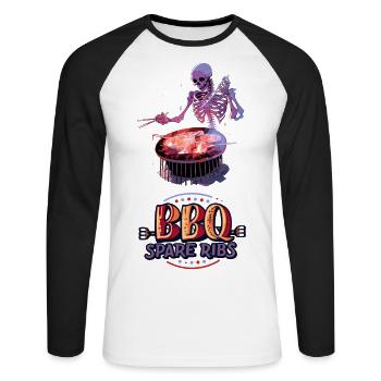 Avez-vous vu un squelette griller ses côtes levées au barbecue ? - T-shirt baseball manches longues Homme - blanc/noir - Devant - Nik (191cm)
