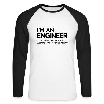 Je suis ingénieur pour gagner du temps - T-shirt baseball manches longues Homme - blanc/noir - Devant - Nik (191cm)