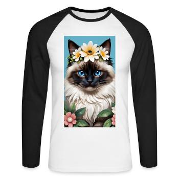 Naturschönheit Birma Seal Point mit Blumenkranz - Unisex Baseballshirt langarm - Weiß/Schwarz - Vorne - Nik (191cm)