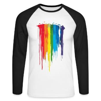 Dezentes und cooles Regenbogen-Design mit tropfender Pride-Flagge - Unisex Baseballshirt langarm - Weiß/Schwarz - Vorne - Nik (191cm)