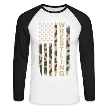 Wrestling USA Flag Camo Patriot Design - Unisex Long Sleeve Baseball T-Shirt - white/black - Front - Nik (191cm)