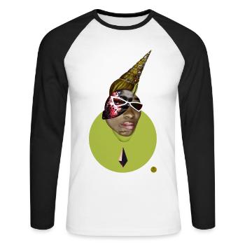 Collage numérique surréaliste - Shell Bizu - T-shirt baseball manches longues Homme - blanc/noir - Devant - Nik (191cm)