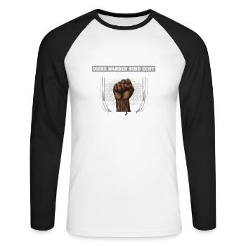 FISCHWIRT - Ehre und Stolz - Unisex Baseballshirt langarm - Weiß/Schwarz - Vorne - Nik (191cm)