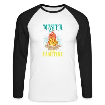 Maître feu de camp Camping Camper Tentes Cadeau - T-shirt baseball manches longues Homme - blanc/noir - Devant - Nik (191cm)