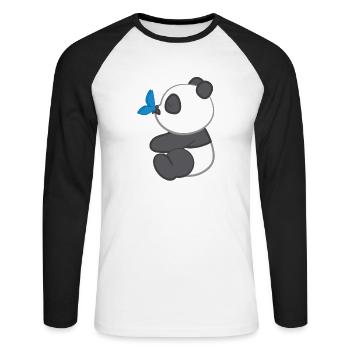 Panda - Panda T-Shirt - Pandamotiv - Schmetterling - Unisex Baseballshirt langarm - Weiß/Schwarz - Vorne - Nik (191cm)