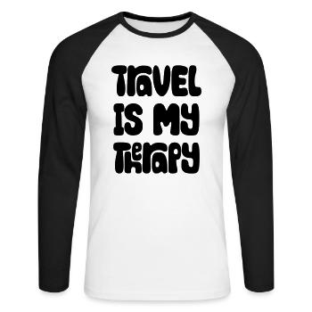Travel Is My Therapy - Unisex Baseballshirt langarm - Weiß/Schwarz - Vorne - Nik (191cm)