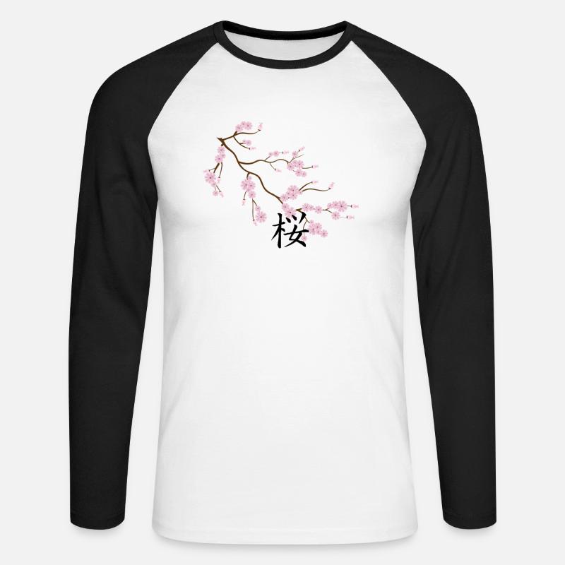 Sakura-Baum blüht mit Kanji - Unisex Baseballshirt langarm - Weiß/Schwarz