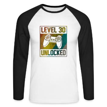 30 Geburtstag Geschenk Level 30 Unlocked - Unisex Baseballshirt langarm - Weiß/Schwarz - Vorne - Nik (191cm)