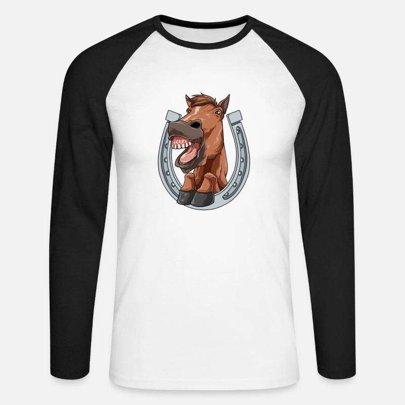 Il cavallo ride e mostra i denti con il ferro di cavallo - Maglia da baseball a manica lunga da uomo - bianco/nero